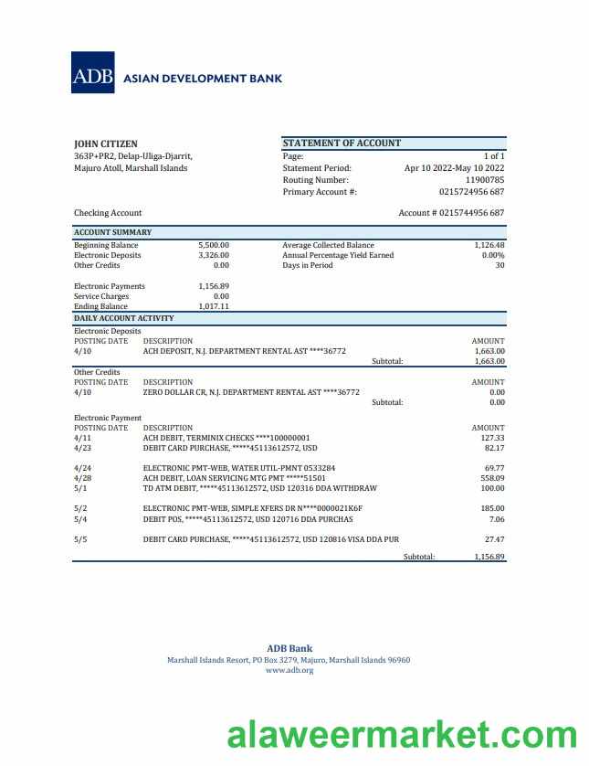Marshall Islands ADB bank statement xls